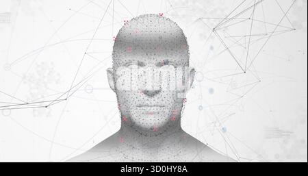 Displaying 3D-rendered human head in data space, featuring red-blue nodes, hex clusters, lines Stock Photo