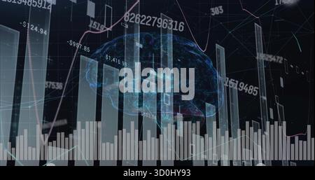 Projecting holographic brain in data visualization, with bar chart, line graph, numeric labels Stock Photo
