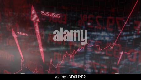 Displaying red financial chart on grid dashboard tracking market with jagged trend line and arrows Stock Photo