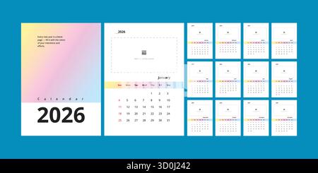2026 wall calendar vector with pastel gradient design and photo placeholder, modern editable layout for home, business, or personal use Stock Vector
