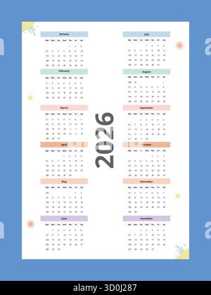 Modern 2026 wall calendar vector in pastel minimalist style, printable yearly design for home, office, and business use, clean and colorful layout Stock Vector