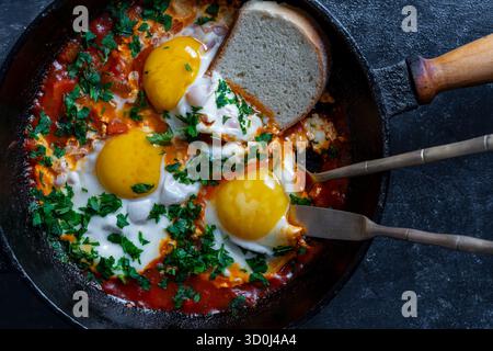Shakshuka in frying pan for breakfast, close up. Homemade shakshuka from fried eggs, onion, bell pepper, red tomato and parsley in a cast iron skillet Stock Photo