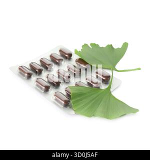 Ginkgo biloba leaves and pills isolated on white Stock Photo