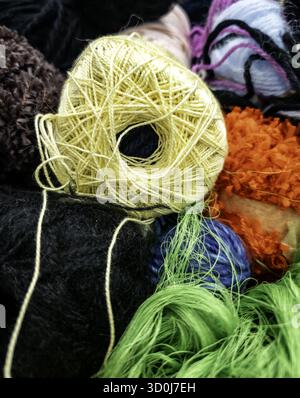 Detail of colored sheep wool, objects to knit Stock Photo