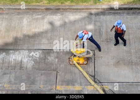 Aerial view of the Panama Canal with a cruise ship entering a lock ...