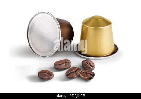 Coffee capsules arranged next to rich, flavorful coffee beans all set against white or transparent background Stock Photo
