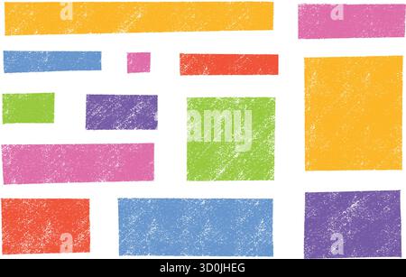 Colorful crayon frame box shapes with text border and brush texture for creative designs or children projects. Stock Vector