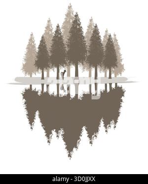 Evergreen trees, fir and pine trees and a deer  are seen in the snow and fog and refllected in a lake in a warm graphic image about nature and forests Stock Vector