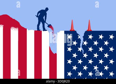 A laborer, a man,  works to fix America,  symbolized by the USA flag stars and stripes. This is an illustration about USA problems in politics, immigr Stock Vector