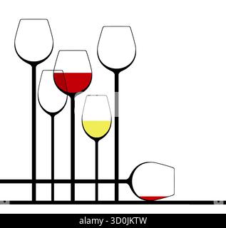 This is an illustration showing stemware, very tall wine glasses in an elegant composition. This is an illustration. Stock Vector