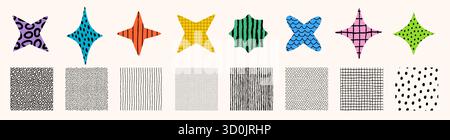 Abstract colorful shapes with dots, stripes, waves and grid textures and seamless black and white patterns. Pattern set in playful crayon style Stock Vector