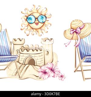 Seamless pattern background wallpaper featuring summer elements such as sun, beach chairs, sand castles, and tropical flowers for vacation and festive Stock Vector