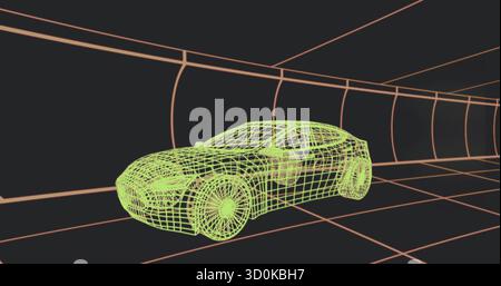 Displaying neon green wireframe 3D car model inside virtual tunnel, showing orange grid lines Stock Photo