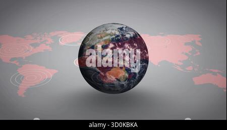 Displaying 3D Earth globe with red highlight in data dashboard, pink world map and hotspot markers Stock Photo