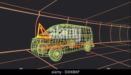 Displaying neon wireframe van rotating in 3D simulation with orange grid, triangular caution symbol Stock Photo