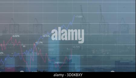Displaying clear line and bar charts overlaying port cranes and containers, showing percentages Stock Photo