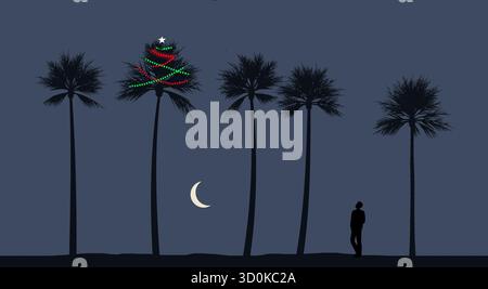 A palm tree is decorated for Christmas on a beach in a tropical climate. Strings of lights glow in the night. Stock Vector