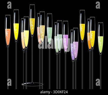Sparkling wines are seen bubbling in tall stemware. Stock Vector