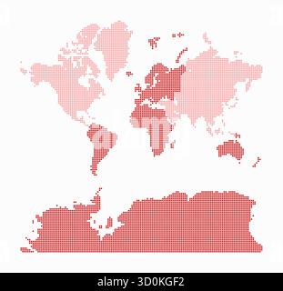 World dotted map. Digital style map of the world on a white background. Boundary shape with square dots. Colored dots style. Small size squares. Stock Vector
