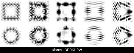 Halftone pixel frames set. Dotted textured round and square borders. Cartoon faded boarders collection. Raster bitmap element pack for poster, collage, banner. Vector comic bundle gradient shapes Stock Vector