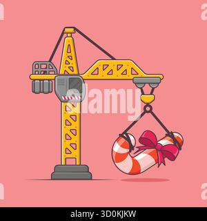 Modern cartoon crane lifting a ribboned candy cane. Perfect vector for construction, engineering, and Christmas holiday themes in clean flat style. Stock Vector