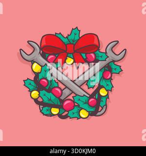 Modern cartoon Christmas wreath with crossed wrenches. Perfect festive vector for mechanical engineers, workshops, and industrial holiday designs Stock Vector