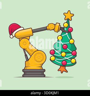 Yellow robotic arm wearing a Santa hat lifting a Christmas tree. Perfect festive vector for mechanical engineers, automation, and industrial holiday t Stock Vector