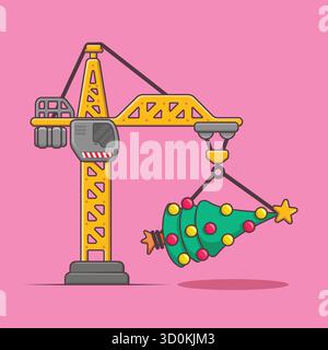 Modern cartoon crane lifting a Christmas tree. Perfect vector for construction, engineering, and industrial holiday themes. Clean and festive illustra Stock Vector