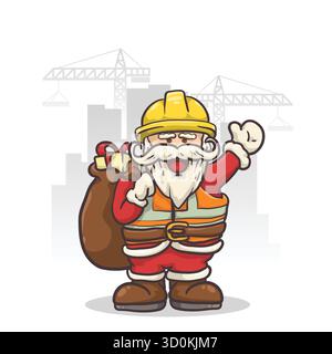Santa Claus waving with gift box in city construction scene. Modern clean vector for civil engineering Christmas concept. Stock Vector