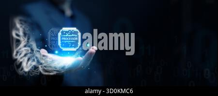 Concept of digital twins showing human and AI integration through glowing processor, representing machine learning, digital transformation, innovation Stock Photo