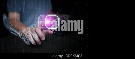 Concept of digital twin controlling a virtual processor chip, representing future computing, AI development, and the fusion of digital intelligence wi Stock Photo