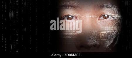 Digital twin concept showing human face merging with artificial intelligence interface, representing machine learning, data visualization, and digital Stock Photo
