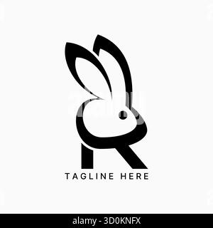 Letter R font with rabbit head 2 long ears bunny funny pet mascot cartoon animal logo design graphic concept creative premium vector stock image top Stock Vector