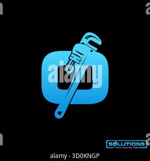 Logo design graphic concept creative premium vector stock image top sell initial O font with pipe wrench engineer service plumbing maintenance tools Stock Vector