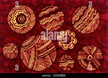 Abstract ethnic pattern with circular shapes and traditional tribal ornament. Hand drawn red and yellow decorative mandala design. Geometric ornament. Stock Photo