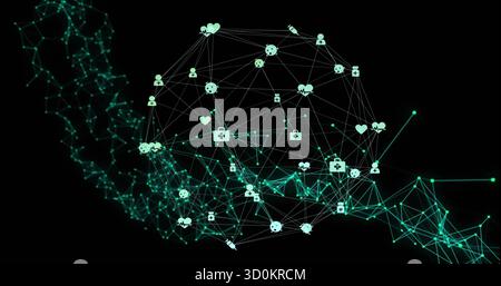 Forming medical data sphere against black backdrop with interconnected teal nodes and medical icons Stock Photo