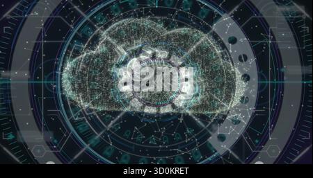 Displaying digital cloud icon glowing in HUD interface, with node connections and circular rings Stock Photo