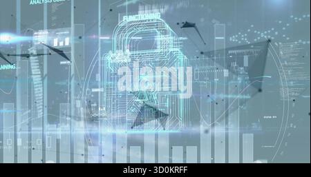 Projecting holographic padlock icon with circuit traces over office with charts and network data Stock Photo