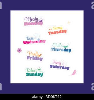 Colorful days of the week sticker set with cute lettering for planners and journals. Perfect vector design for daily organization and motivation. Stock Vector