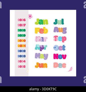 Colorful months and years sticker set with bold typography for planners and journals. Perfect vector design for 2026 to 2035 organization Stock Vector