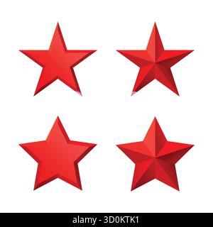 Set of red Christmas 3d three-dimensional Star glossy bright shine five angle star shape isolated on white Background collection. Stock Vector