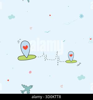 Romantic travel pattern design with heart location pins, airplanes, and flight path doodles in minimal pastel vector style for travel backgrounds Stock Vector