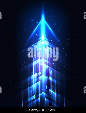 vibrant futuristic digital arrow design of high speed technology and data flow. The electric blue and cyan light streaks soar upwards on a dark backgr Stock Vector