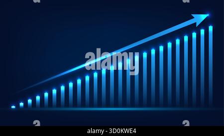 digital blue bar graph a dynamic visualization of consistent upward growth, corporate presentations or financial reports. Glowing arrow positive futur Stock Vector