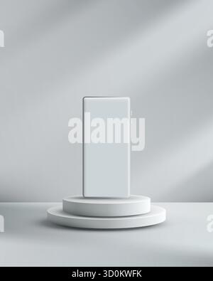 empty white smartphone mockup is presented on a tiered podium. The scene is a minimalist, modern studio, designed for digital product display, adverti Stock Vector