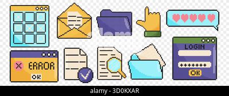 8 bit vaporwave UI and UX elements set. Pixel art objects. Old school vintage game graphic Stock Vector