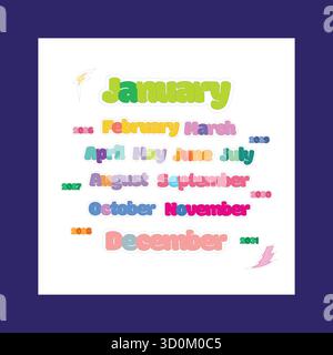 Colorful months and years sticker set with bold typography for planners and journals, editable vector design for 2026 to 2031 Stock Vector