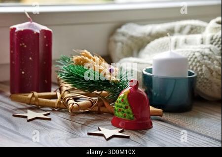Christmas ornaments with white sweater on the table Stock Photo