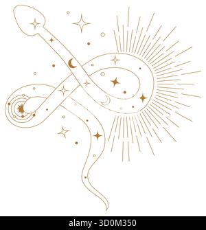 Esoteric line art tattoo design with stylized Kundalini snake and sacred geometry elements. Spiritual minimalist vector symbolizing divine awakening Stock Vector