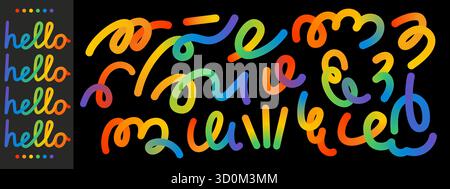 Rainbow gradient swirl lines. Abstract doodle shapes with playful curved strokes. Squiggly vector elements Stock Vector